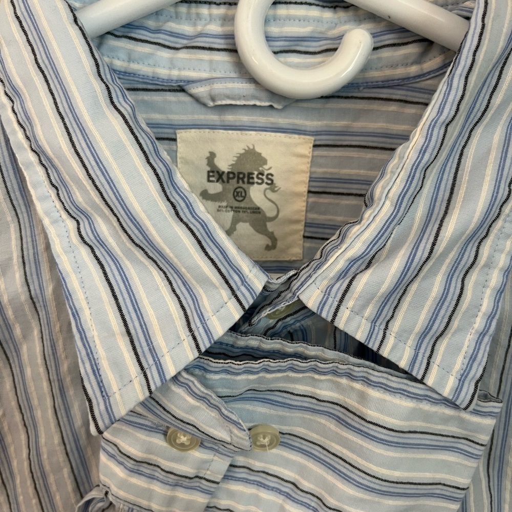 Express Mens Cotton Blend LS Button Down Blue Black White Stripe Dress Shirt XL